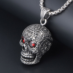 <b>Titanium</b> Steel Skull Pendant Necklace With Red Eyes Bezel Setting For Men Women Fashion Jewelry SP407 - Product Image 4