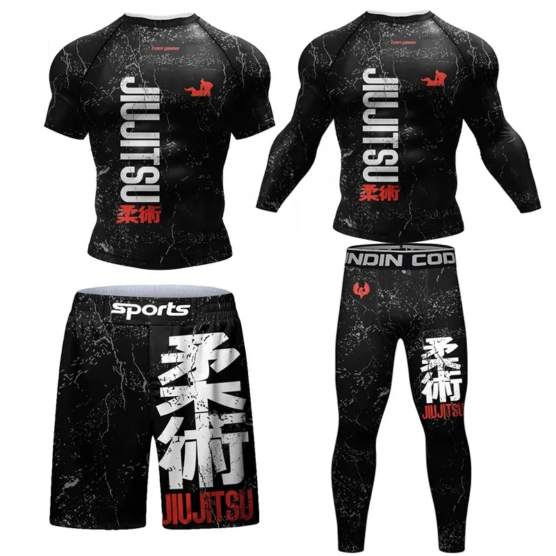 Jiu Jitsu MMA เสื้อยืด + กางเกง rashguard สำหรับผู้ชาย4ชิ้น/เซ็ต grapping กางเกงขาสั้น BJJ มวยผื่นเสื้อผ้ากีฬาเสื้อผ้ายิม