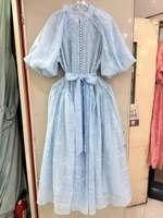 Nouvelle Robe Midi en Chiffon Ample à Col Rond et Manches Bulles, Broderie Florale Vintage, Boutonnage Simple, avec Ceinture Élégante – Collection Printemps-Été