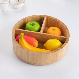 Caja de almacenamiento redonda de bambú, organizador de escritorio con tres compartimentos para aperitivos, frutas, uso en oficina - Product Image 2
