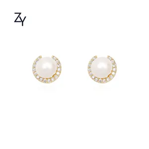 14k镀金时尚铜合金耳环女式礼品闪亮圆形锆石淡水珍珠
