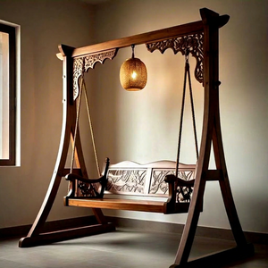 Luxury Handcrafted Traditional Foliage Carved Solid Wood <b>Swing</b> Ornate Maharaja Jhoola 3-Seater for Living Room & Outdoor - Product Image 1