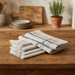 Serviettes de cuisine réutilisables en coton 100% à carreaux, rectangulaires, tissées, lavables en machine, bleu beige, lot de quatre, écologiques - Product Image 1