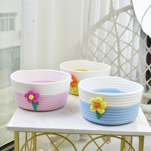 Phong Cách Mới Làm Bằng Tay Màu Bông Sợi Dây Thừng Dệt Giỏ Lưu Trữ Hộp Đồ Chơi Tổ Chức Giỏ Với Hoa Trang Trí - Product Image 3