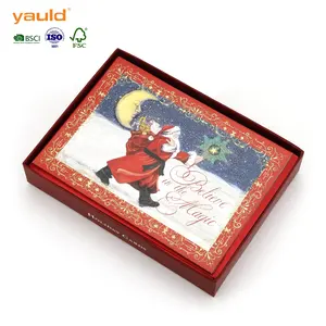 Impresión personalizada de lujo de Santa Claus, dorado brillante papel de aluminio, tarjetas de felicitación de Feliz Navidad con sobres, caja de juego al por mayor