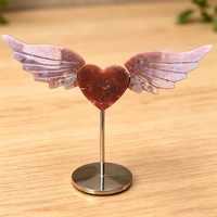 Cœur en cristal naturel sculpté en forme d'aile d'ange avec support métallique, figurine en pierre précieuse sculptée à la main de 8 à 10 cm pour la décoration de la maison