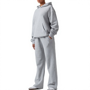 Custom Women's Gray Hooded Tracksuit Set Full Length Loose Fit Cotton Sweatshirt <b>Pants</b> Casual Solid Color Autumn Wear - Product Image 3