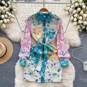 LE1898 2024 Spring Women'S Patchwork Color Pocket Design Palace Style Printed Shirt Dress Elegant Celebrity Short Evening Dress