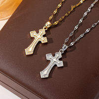 Elegante Collar de Dos Niveles con Cruz en Tono Dorado, con Circonitas Cúbicas Redondas Engastadas, Joyería de Estilo Religioso para Fiestas, Uso Diario o Regalo