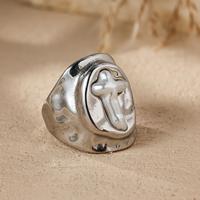 Gehämmerter Breiter Edelstahlring mit Perlen-Kreuz-Design Gold Silber Schmuck