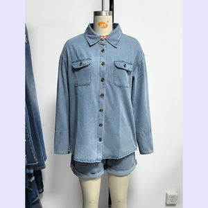Channel Chic 2026 Completi <span class=keywords><strong>Donna</strong></span> Primavera Estate in Denim 2 Pezzi: Camicie a Maniche Lunghe con <span class=keywords><strong>Bottoni</strong></span> e Shorts Coordinati - Outfit per Vacanze - Product Image 3