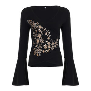 Women's <b>Black</b> V Neck <b>Long</b> <b>Sleeve</b> Wrap <b>Top</b> Gold Floral Embroidery Flared Cuff Slim Fit Stretch Fashion <b>Top</b> - Product Image 6