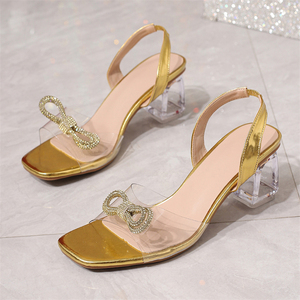 Sandalias de Verano para Mujer, Antideslizantes, con Plataforma, Tacón Grueso, Adorno de Cristal Dorado y Lazo, con Hebilla en el Tobillo - Product Image 4