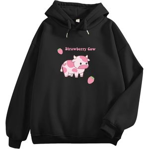 <b>Strawberry</b> Cow Print Hoodie Women Casual Fuzzy <b>Top</b> Black XL=US M - Product Image 1