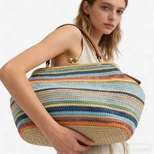 Oversized Natural Straw Woven Kiss-lock Clutch <strong>Bag</strong> <strong>Large</strong> Capacity Women's Handbag for Summer Beach - Product Image 2