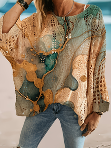 Suéter de punto con estampado abstracto para <span class=keywords><strong>mujer</strong></span> 2026, suéter de malla pointelle extragrande con arte fluido, 100% poliéster, jersey con diseño topográfico narrativo - Product Image 1