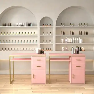 Tırnak iş istasyonu <span class=keywords><strong>Salon</strong></span> ekipmanları tek manikür masası ve sandalye seti lüks kadife pembe deri toz toplayıcı ahşap tırnak masası - Product Image 6