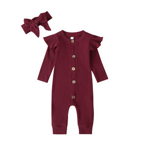 Combinaison pour bébé fille de qualité supérieure, couleur unie, automne, vêtements pour nouveau-né, barboteuses avec bandeau - Product Image 1