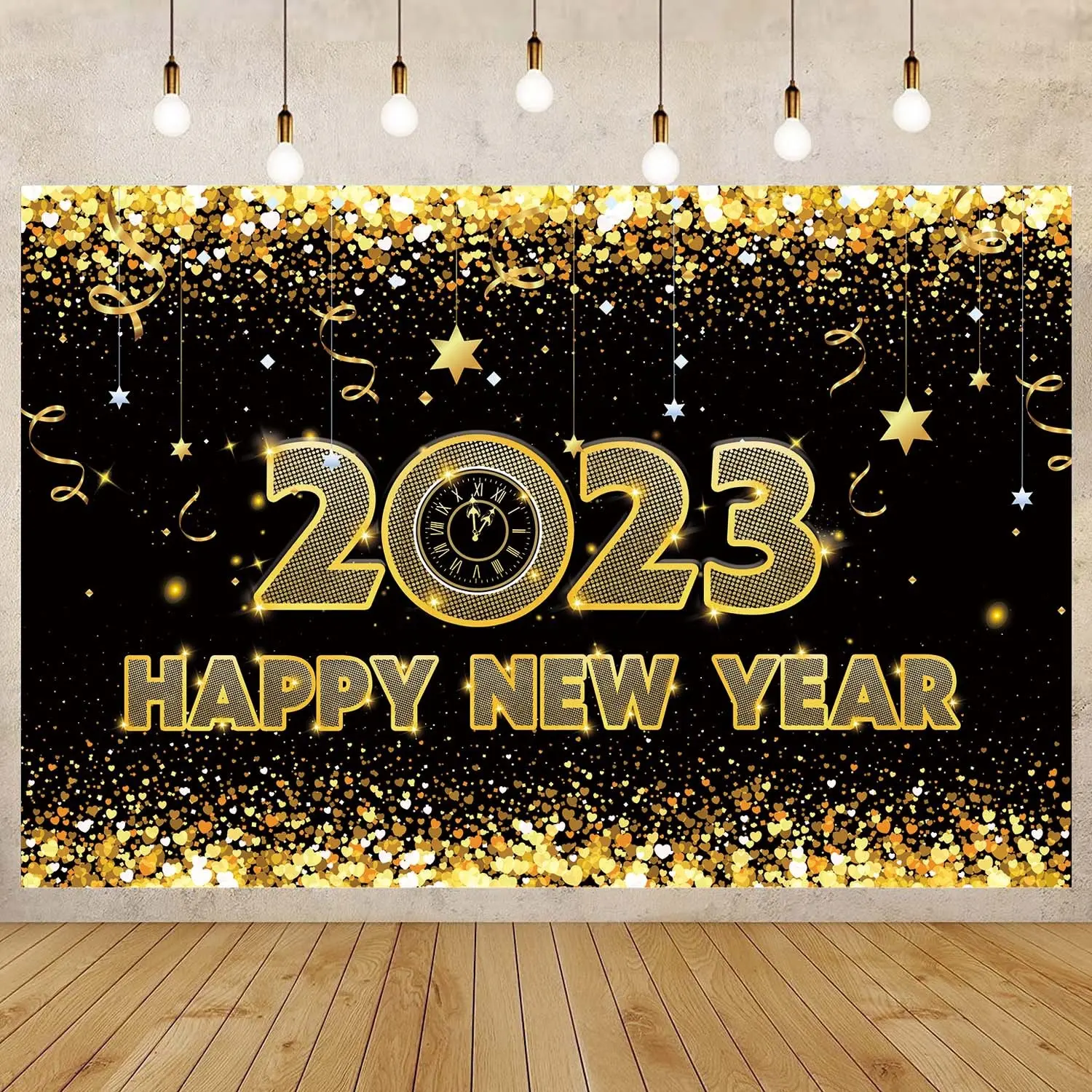 New Glitter Clock Christmas Party Decor Photography Background Kids New Year Photo Props Black Gold Happy New Year 2023 Backdrop