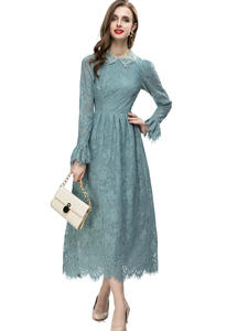 Dantel zarif uzun elbise 2023 sonbahar Lady Peter Pan yaka Allover tığ dantel çiçek desenleri uzun kollu balo parti elbise Maxi - Product Image 3