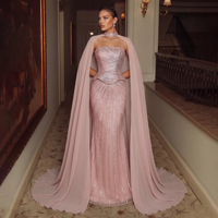 Robe de soirée en mousseline de soie Jancember LSZ112 rose brillante à paillettes avec cape