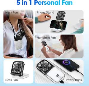 พัดลมคล้องคอแบบพับได้ ใช้พลังงานจากแบตเตอรี่แบบชาร์จ USB พร้อมแบตสำรองในตัว ปรับความเร็วได้สามระดับ เสียงเบา เหมาะสำหรับใช้กลางแจ้ง ตั้งแคมป์ โรงแรม รถยนต์ และในบ้าน - Product Image 2