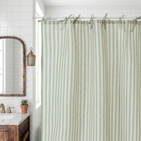 Rideau de douche imperméable en polyester à rayures vertes imprimées numériquement, style ferme vintage avec attaches nœud papillon, style campagnard