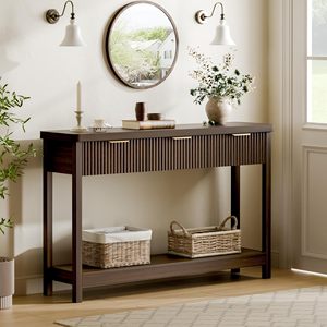 Table console longue SENYU style farmhouse avec design cannelé, table de canapé étroite en bois massif pour entrée, couloir, salon - Product Image 5