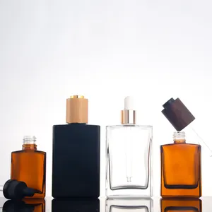 Frasco conta-gotas de vidro cosmético para óleo essencial de soro personalizável 30ml 50ml 100ml retângulo quadrado liso fosco preto âmbar