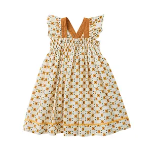 YOEHYAUL OEM ODM giallo floreale Casual vestito da bambino personalizzato per la ragazza volare senza maniche vestito carino piccola ragazza