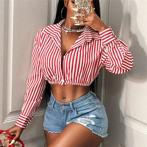 Camicia <span class=keywords><strong>Vintage</strong></span> Y2K a Righe con Patchwork per Donna, Top Corto con Colletto e Maniche Lunghe - Product Image 2