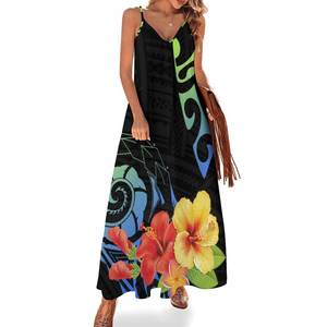 ชุดเดรสยาวลายสักชนเผ่าโพลีนีเซียน ลายดอกชบาและดอกลีลาวดี <span class=keywords><strong>คอ</strong></span>วี แขนกุด สำหรับฤดูร้อน ชุดไปเที่ยวทะเล  ดรอปชิปปิ้ง - Product Image 1