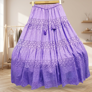 Jupe longue élégante pour femme, coupe trapèze, taille haute, en rayonne et velours côtelé, avec dentelle crochetée, motif ajouré uni, à franges, toutes saisons, décontractée - Product Image 2