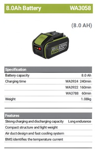 Batterie au lithium WA3058 haute capacité 8,0 Ah 20 V, autonomie ultra-étendue, batterie rechargeable pour outils sans fil 20 V - Product Image 2