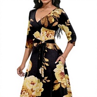 Robe midi grande taille à manches 3/4, ceinturée, coupe trapèze, imprimée, avec poches latérales, pour l'été