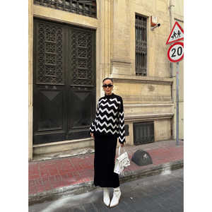 ชุดเสื้อสเวตเตอร์ถักลายซิกแซกสำหรับผู้หญิง ผ้าขนสัตว์ ป้องกันการเป็นขุย แขนยาว สไตล์เดรส - Product Image 1