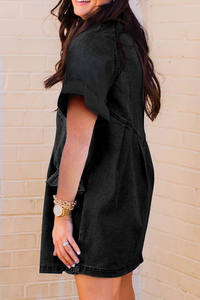 Shewin của phụ nữ màu đen diềm ngắn tay áo nút lên lỏng áo sơ mi denim - Product Image 3