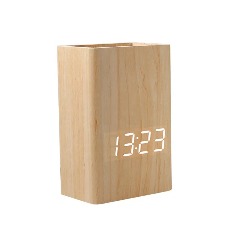 Kreativer digitaler Wecker Thermometer sprachbetriebener elektronischer Holzstifthalter Led Holzwackerer Desk Clock