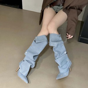 Botas de tacón alto de mezclilla plisadas con hebilla y costuras de lentejuelas, de doble uso, para mujer, estilo personalidad y moda de chica atrevida - Product Image 5