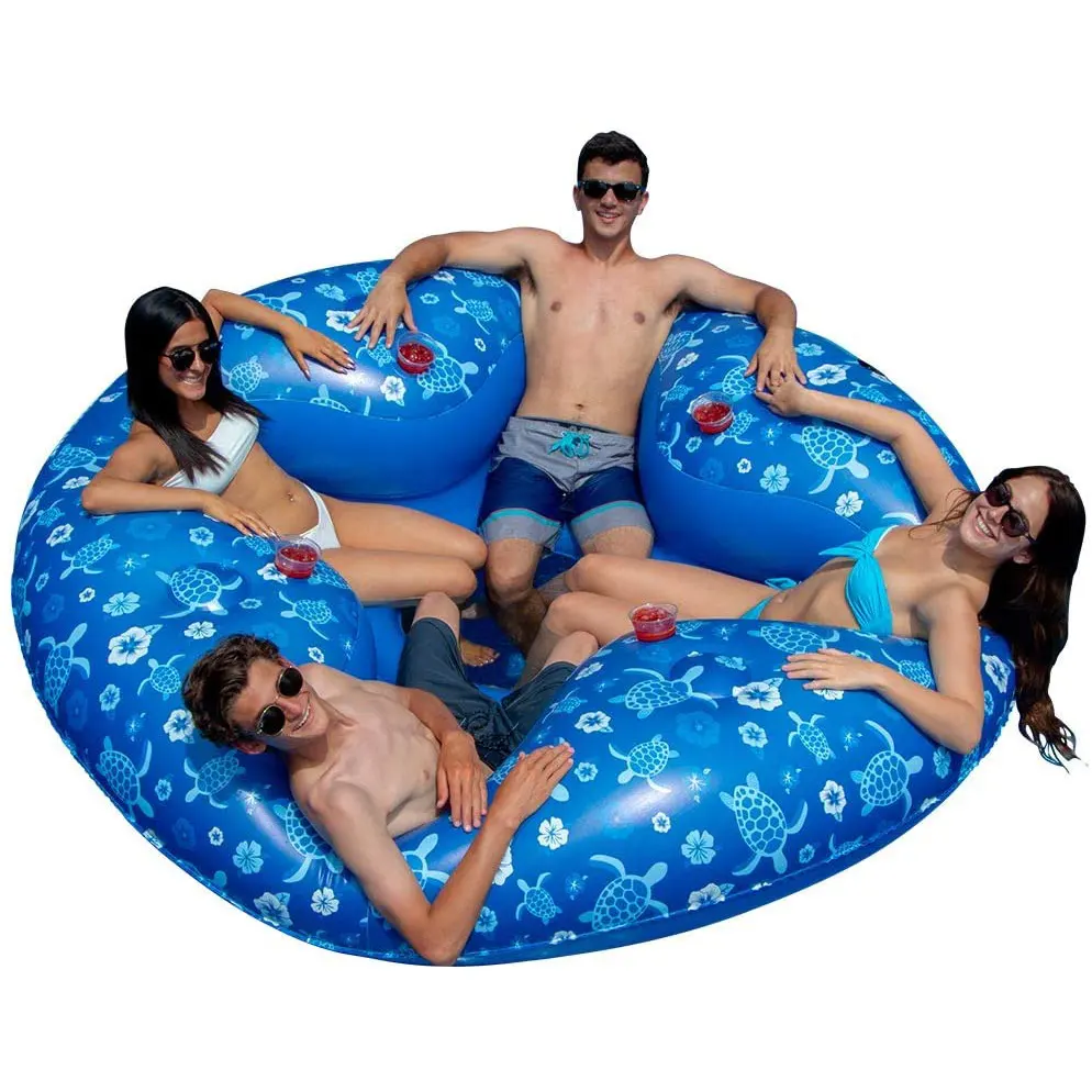 Tumbona de piscina tropical para 4 personas, inflable, isla flotante de agua, azul, 85x14 pulgadas