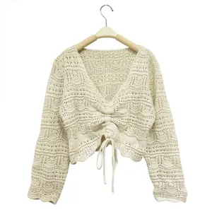 Wholesale Knitted V-Neck Hollow Out Sexy Crochet Women Blouse Sweater Top With Lace Up