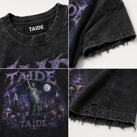 Kaos Katun TaiDe OEKO-TEX 280GSM Acid Wash Motif Mystical Liberty Galaxy Cetak Depan Belakang Logo Kustom ODM Grosir Pria