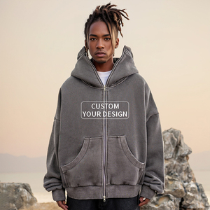 Vert <span class=keywords><strong>fossette</strong></span> OEM/ODM fermeture éclair à capuche veste coton français éponge sweats vierge pleine fermeture éclair Vintage acide lavage vieilli sweats à capuche - Product Image 2