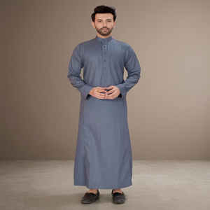 Robe musulmane traditionnelle arabe islamique légère pour hommes, bleu ardoise, à manches longues et col mandarin, style Thobe saoudien - Product Image 3
