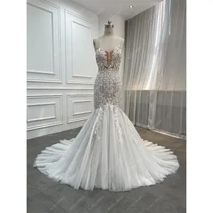 Factory Fit and Flare Puffy Skirt African Mermaid Wedding Dresses Elegant Sheer Back Sweetheart Corset Bridal Beaded Lace Gown