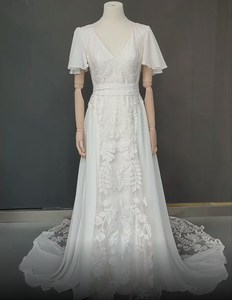 QUEENS GOWN 보헤미안 스타일 백리스 딥 브이넥 웨딩드레스 빈티지 자수 레이스 프린세스 프롬 가운 - Product Image 3