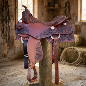Silla de montar <span class=keywords><strong>americana</strong></span> de cuero pleno flor 2025 con grabado floral y cristales, portátil, <span class=keywords><strong>para</strong></span> equitación, con accesorios personalizables - Product Image 3