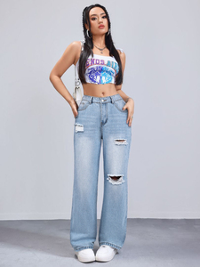 Jeans da <span class=keywords><strong>Donna</strong></span> Personalizzati Lavati Blu, Vendita Calda, Vita Alta, Vestibilità <span class=keywords><strong>Slim</strong></span>, Gamba Dritta - Product Image 1