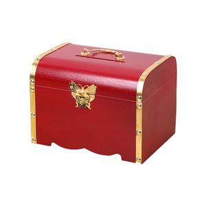 Caja de Ahorros de Madera Roja, Cofre del Tesoro de Madera Maciza con Detalles Dorados, Caja de Almacenamiento con Cerradura para Niños - Product Image 5