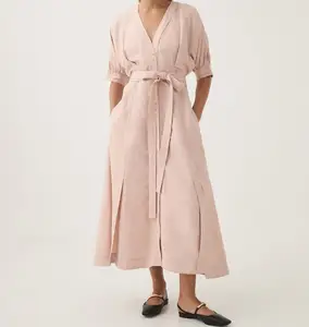 新款到货亚麻服装v领长粉色连衣裙夏季休闲短袖女装